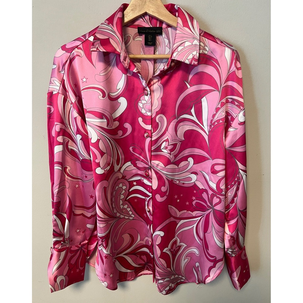 House of Harlow 1960 Blouse Womens S Pink Psychedelic Satin Top Pre-owned Good
